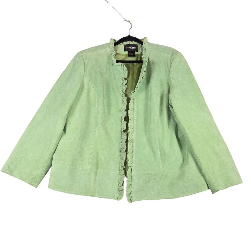 Brandon Thomas Womens 14/16‎ Suede Leather Jacket Green Open Front Ruffle